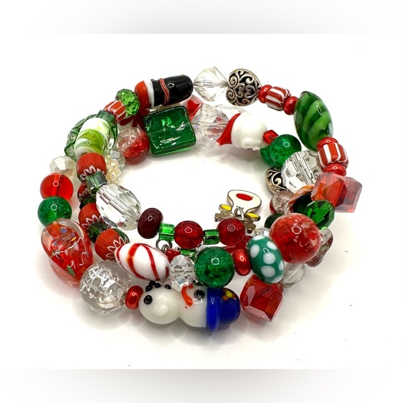 Christmas Beaded Bracelet Wrap Coil Memory Wire Lamp Work Glass Beads Handmade - Picture 10 of 11